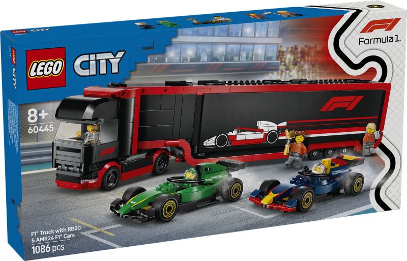 LEGO City F1 truck met RB20 en AMR24 F1 auto 's