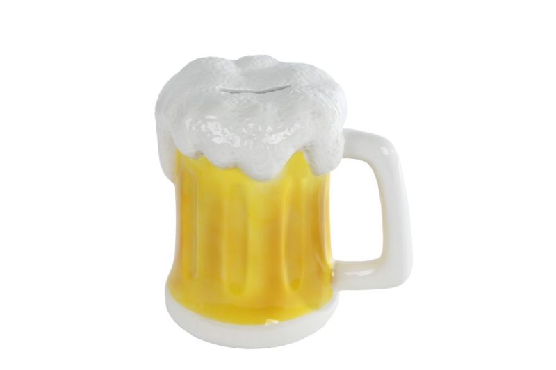 Spaarpot Bierpul geel/wit aardew 14x10x14,5cm